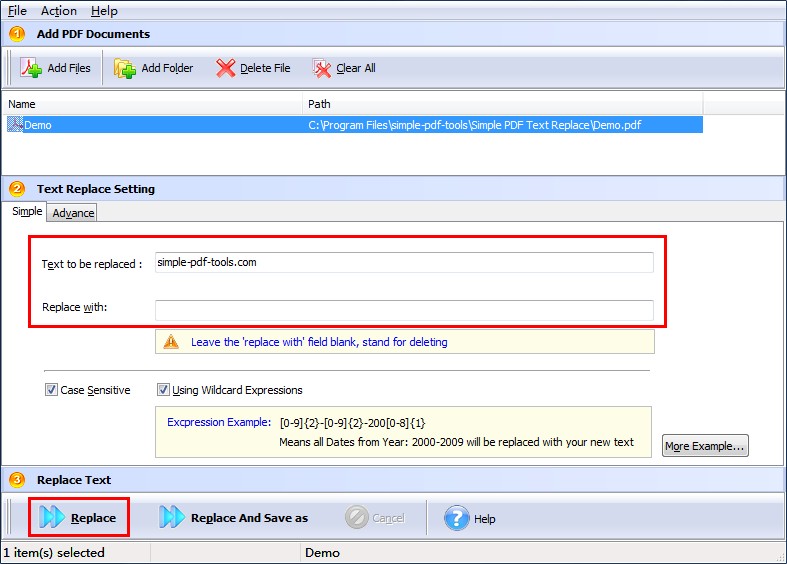 delete pdf text with simple pdf text replace